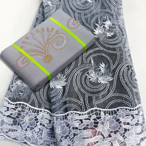 5 yards ASO OKE African French lace Tulle Fabric Matching Stones Headtie
