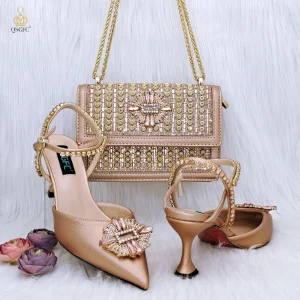 High Quality Delicate Metal Chain Rhinestone Ladies Shoes and Bag