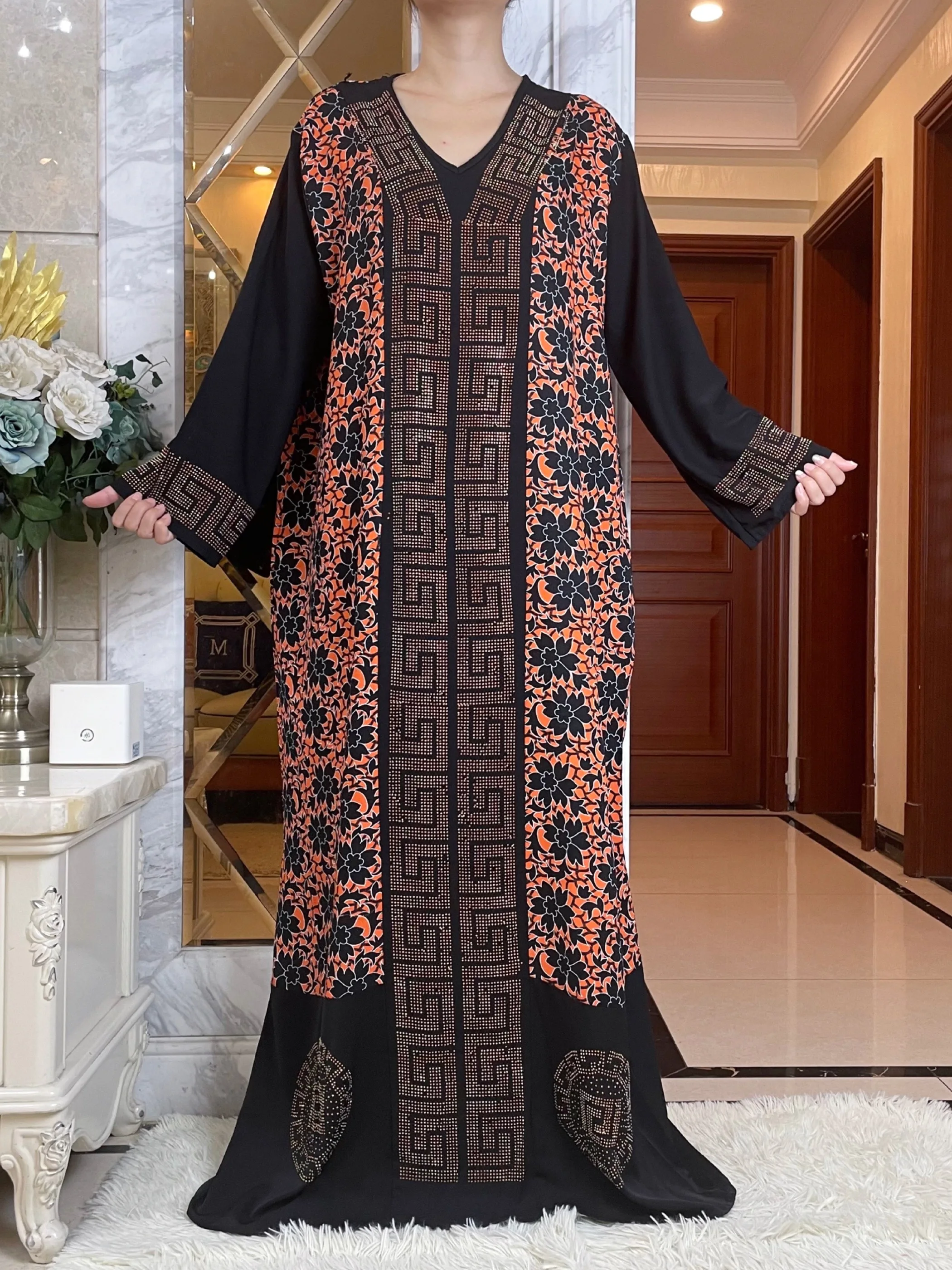 Women's Designer Diamond Print Floral Abaya Dress
